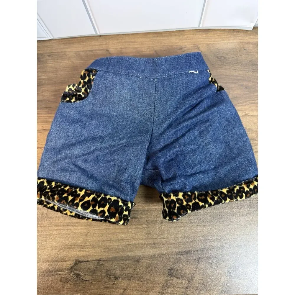 Vintage Build-a-Bear Outfit Top, Denim Shorts, Leopard Trim, Hat, Bag, & Sandals